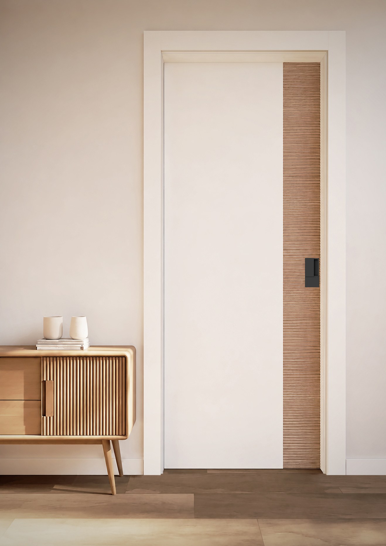 Una porta Tactum chiara con inserto verticale in rovere, in un ingresso arredato con una credenza in legno