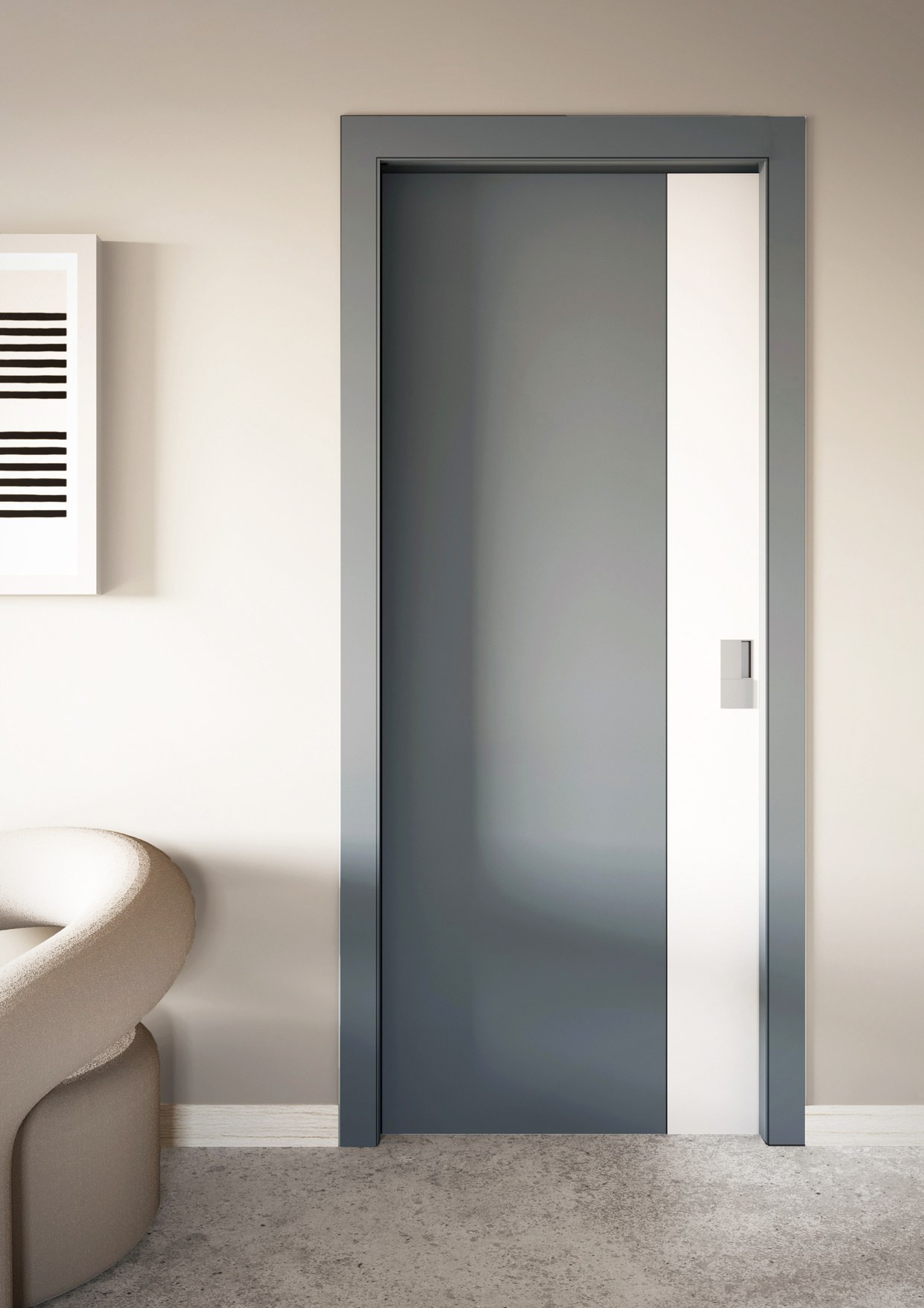Porta Tactum 2 grigio-blu in un soggiorno, con l'inserto verticale chiaro a tutta altezza