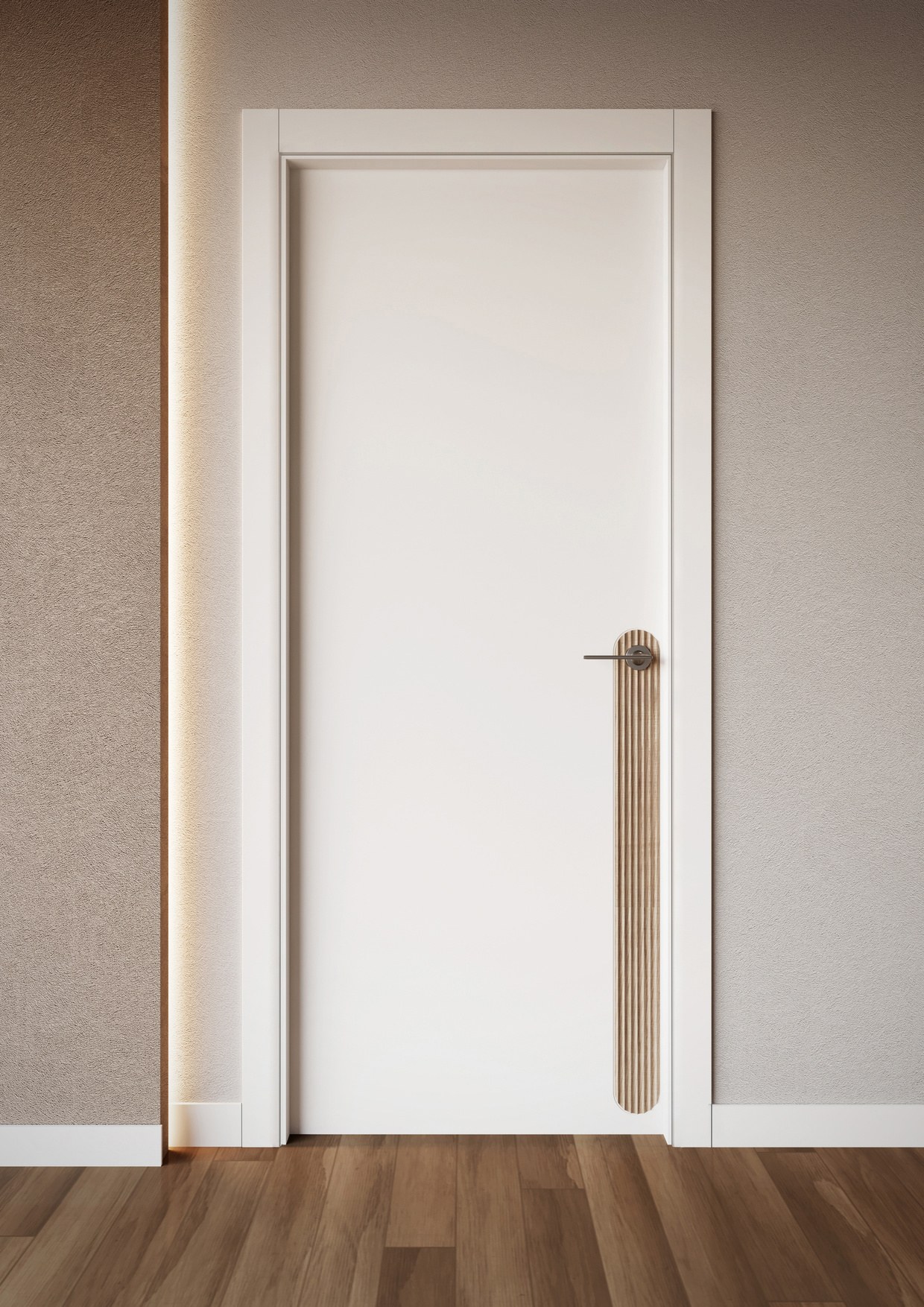 Porta Tactum 3 bianca con l'inserto a capsula in rovere scanalato, sotto la maniglia