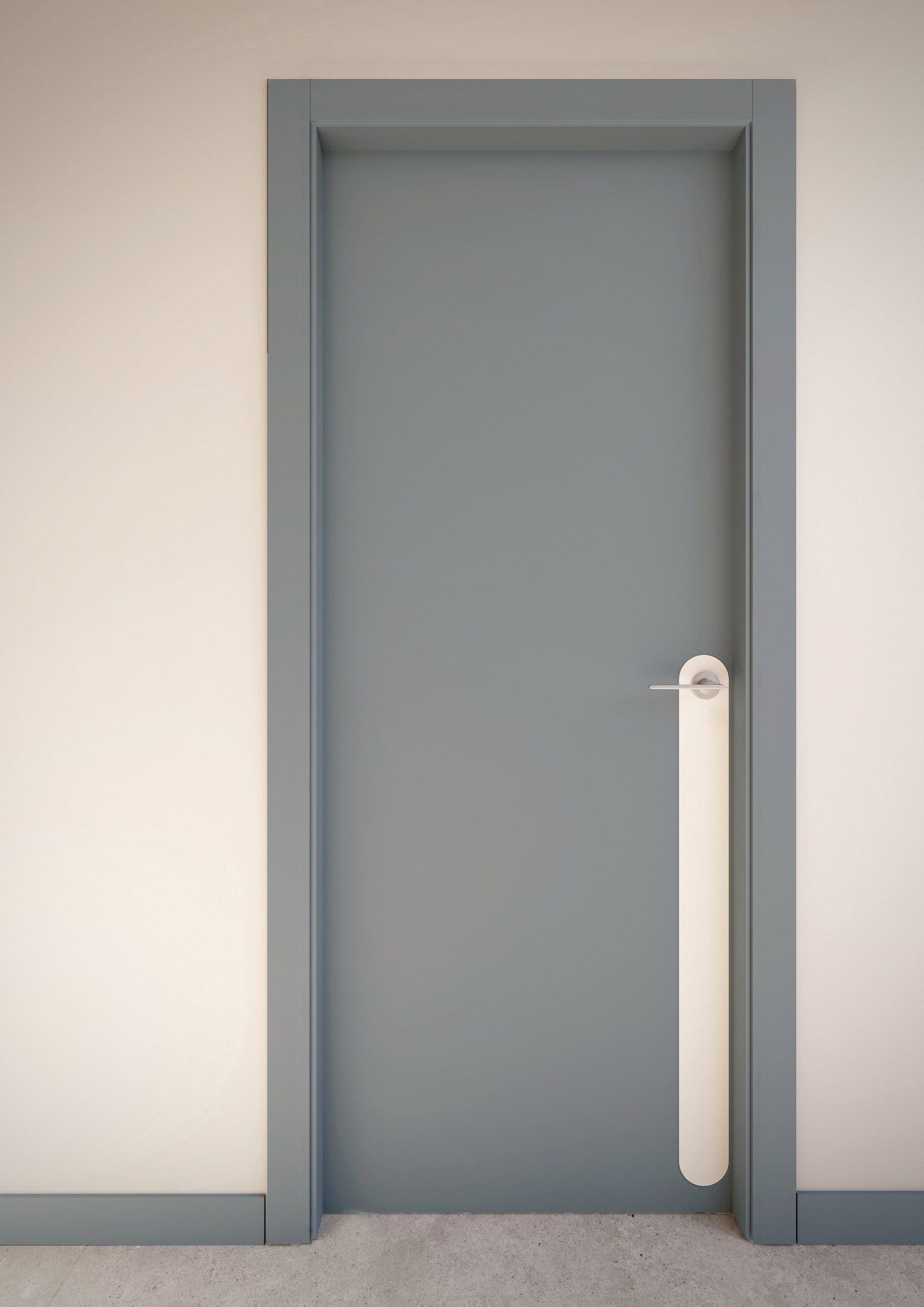 Porta Tactum 4 grigia a battente, con l'inserto a capsula chiaro sotto la maniglia